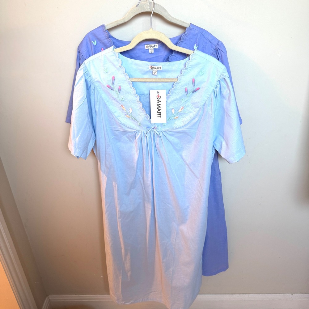 Damart 2 Pack‎ Embroidered Cotton Nightgowns Blue Periwinkle Size 16 NWT